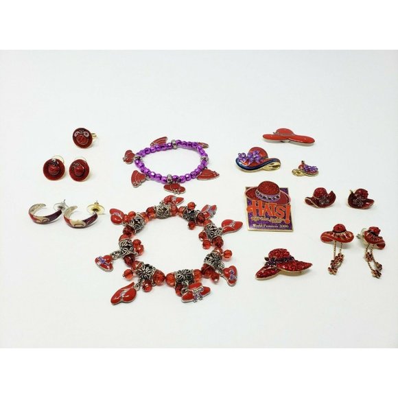 Unbranded Jewelry - Red Hat Society Jewelry Lot Earrings Pins Bracelets Pendant Ring 12 Piece